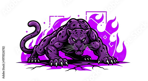 Aggressive Purple Panther Mascot Vector Illustration Crouching on Cracked Ground with Purple Flames
