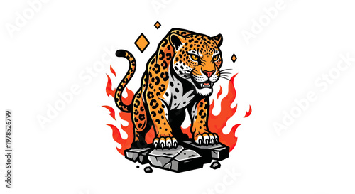 Fierce Jaguar Mascot Vector Illustration, Powerful Wildcat Snarling with Fire Background and Rocks