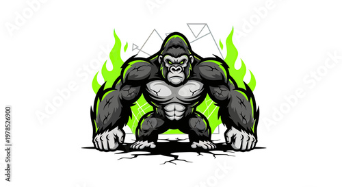 Powerful Muscular Gorilla Mascot Illustration with Neon Green Flames and Cracked Ground for Esports Gaming Logo and Fitness Branding