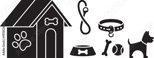 Pet care and dog icons set including food toys grooming accessories veterinary and animal shelter symbols services concepts– Pet House, Collar, Leash and Accessories