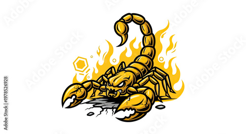 Aggressive Golden Scorpion Mascot with Burning Flames and Dangerous Stinger, Vector Illustration for Esports Logo and Gaming Branding