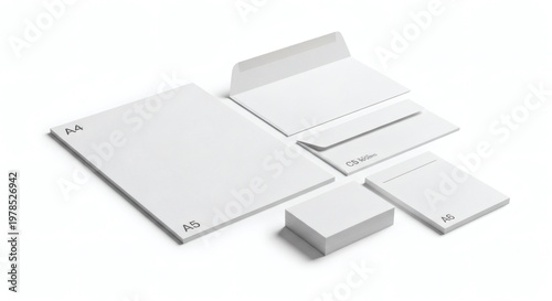A pristine collection of various-sized paper products, artfully arranged on a clean surface. Showcasing the crispness of stationary.