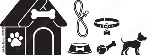 Pet care and dog icons set including food toys grooming accessories veterinary and animal shelter symbols services concepts– Pet House, Collar, Leash and Accessories