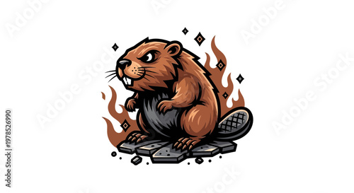 Angry Beaver Mascot Vector Illustration, Fierce Wild Animal Character Standing on Cracked Pavement with Fire Background