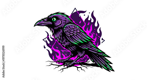 Stylized Gothic Raven Illustration with Neon Purple Flames and Green Accents, Dark Crow Vector Art for T-shirt Design