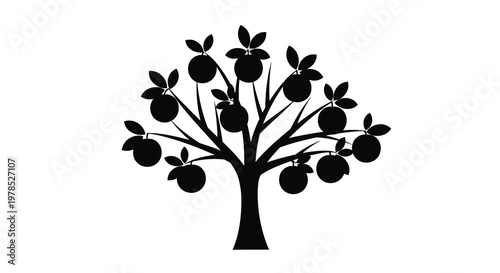 A stylized black silhouette of an apple tree with ripe fruit