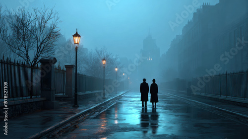 Gaslight, 19th-century London street scene with a man talking to a woman outdoors