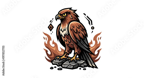 Powerful Eagle Mascot Illustration Standing on Rocks with Fire Background - Stylized Bird of Prey Vector Design