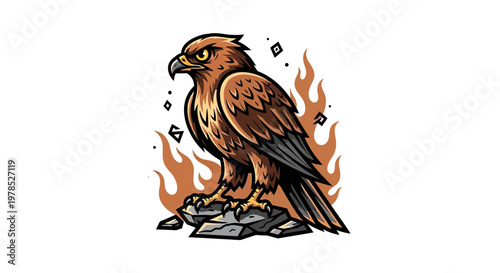 Fierce Hawk Mascot Illustration with Fire Background Perched on a Rock