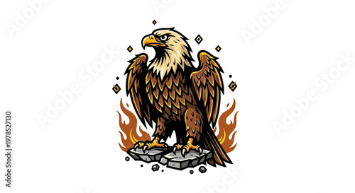Majestic Eagle Mascot Vector Illustration Standing on Rocks with Stylized Fire Background