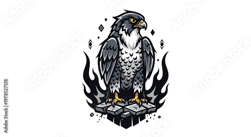 Powerful Falcon Mascot Vector Illustration with Fire and Geometric Elements on White Background