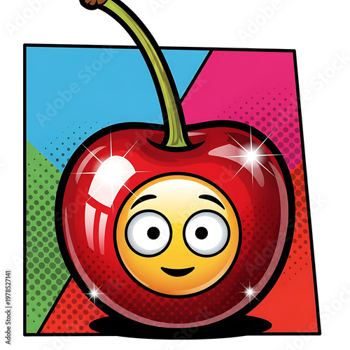 A glossy red cherry with a cheerful emoji face at its center, presented in a dynamic, colorful pop art style.