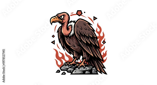 Angry Vulture Mascot Vector Illustration, Fierce Bird of Prey Perched on Rocks with Flame Background