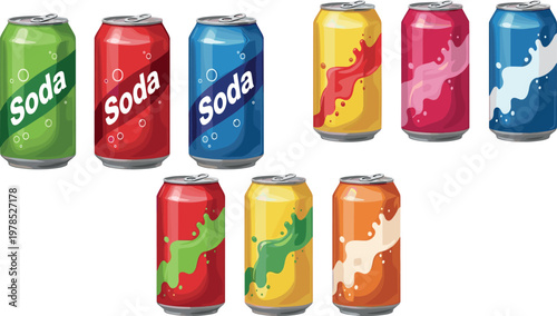 Colorful soda cans set with different splash designs flat vector illustration beverage drink packaging isolated on background