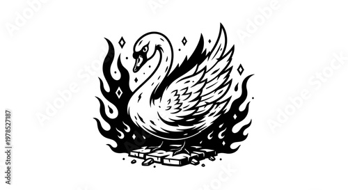 Stylized Black and White Swan Illustration Surrounded by Flames, Mythical Bird Vector Art Tattoo Design