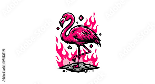 Stylized pink flamingo mascot standing amidst pink flames with geometric accents vector illustration