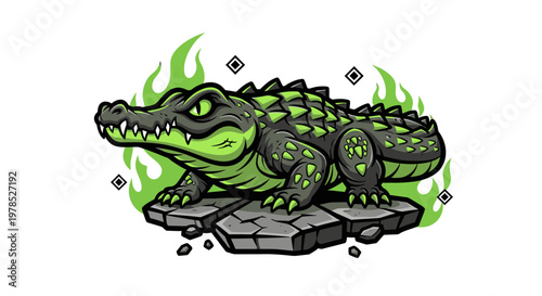 Fierce Green Crocodile Mascot Vector Illustration Standing on Cracked Rock with Flames Background