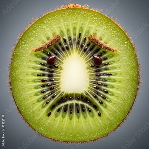 A perfectly sliced kiwi fruit reveals its green flesh and seeds arranged to form a distinctly sad face.