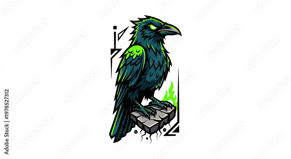 Fototapeta premium Mystical Black Raven Mascot Illustration with Glowing Green Eyes Perched on Stone
