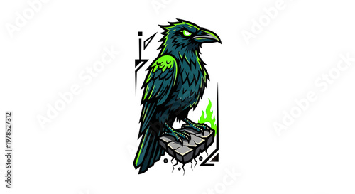 Mystical Black Raven Mascot Illustration with Glowing Green Eyes Perched on Stone