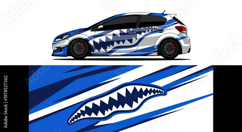 Vehicle Livery Wrap Design with Blue Shark Teeth Graphics for Hatchback Sport Car Vector Illustration