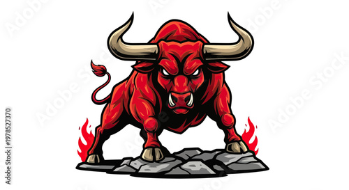 Angry Red Bull Mascot Standing on Rocks with Fire Background, Muscular Taurus Illustration for Sports Team or Business Logo