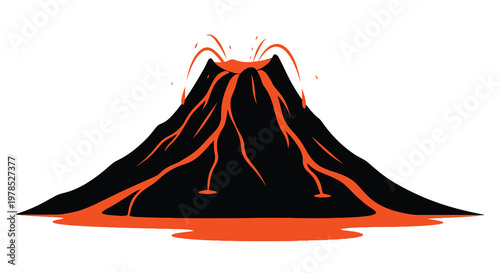 Cartoon illustration of a black volcano erupting with orange lava flow