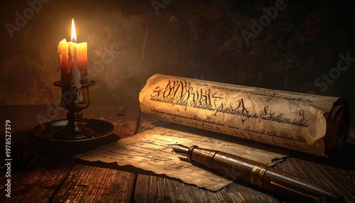 Lit candle beside old parchment paper and quill pen for Tiradentes Day remembrance