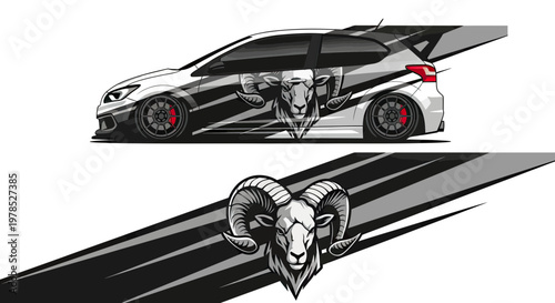 Car Wrap Vinyl Decal Design Template with Ram Head Mascot and Sporty Racing Stripes Illustration