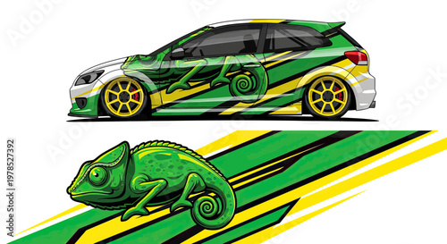Modern car wrap design featuring a green chameleon illustration, racing livery vector for vehicle branding and automotive styling