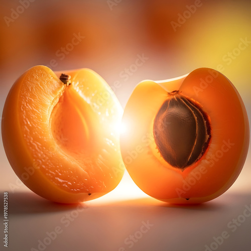 Two perfectly halved apricots with their pits removed, glowing softly from within with a warm, radiant light.