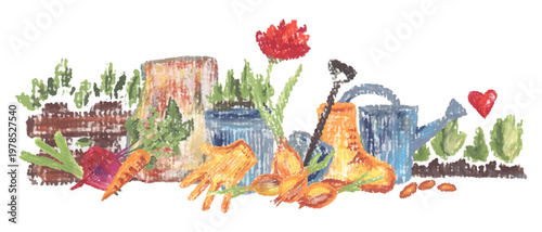 Gardening and planting. Vector border from hand painted elements