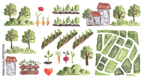 Gardening and planting. Vector collection from hand painted decoration elements.
