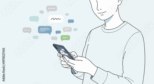 Man engrossed in smartphone, surrounded by floating chat bubbles.