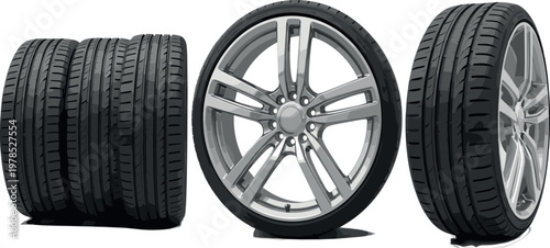 Car tires and alloy wheel set with realistic tread patterns automotive vector illustration transport equipment isolated background