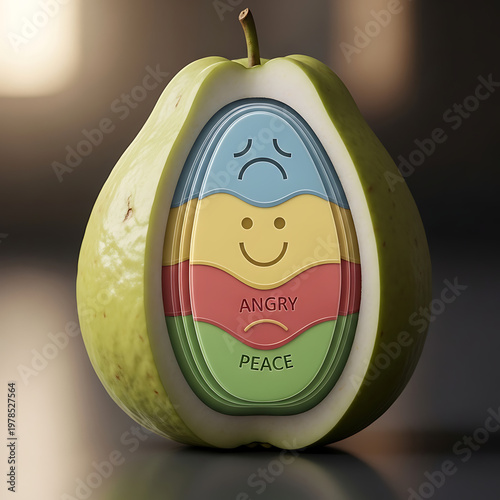 A sliced green pear reveals a colorful internal chart depicting various emotions, including sad, happy, angry, and peace.
