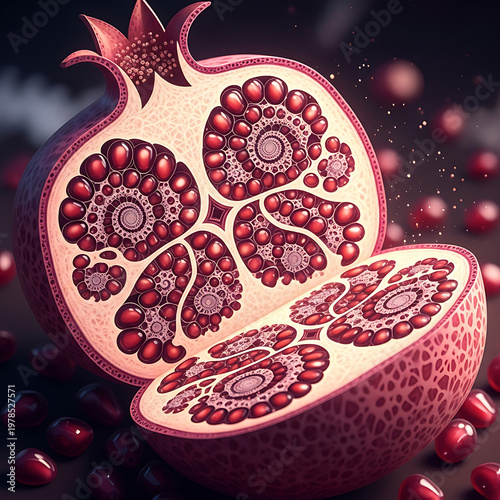 A halved pomegranate showcases its vibrant, ruby-red arils arranged in stunning, intricate fractal-like patterns.