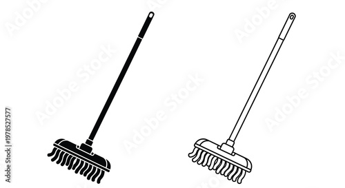 Two black and white illustrations of garden leaf rakes with long handles