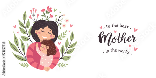 A horizontal banner depicting a mother hugging her daughter. Postcard for Mother's Day, motherhood and childcare.