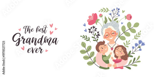 A horizontal banner with a grandmother hugging her grandchildren. Postcard for Mother's Day, motherhood and childcare.