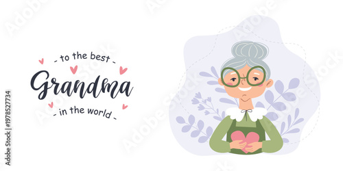 A horizontal banner with an image of a grandmother holding a heart. Postcard for Mother's Day, motherhood and childcare.