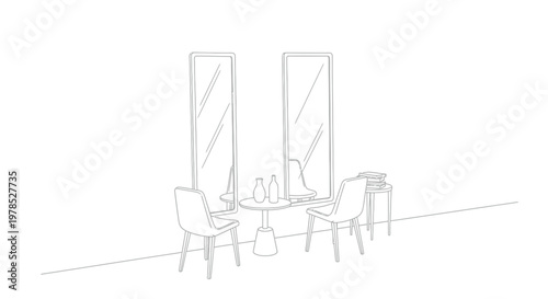 A minimalist interior scene featuring two full length mirrors chairs and a small side table with vases
