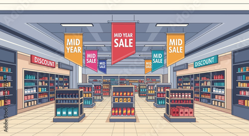 Mid year sale takes place in a shopping store with banners and shelves filled with products in different sections