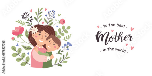 Horizontal banner with an image of a mother hugging her son. Postcard for Mother's Day, motherhood and childcare.
