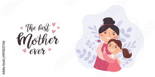 A horizontal banner depicting a mother hugging her daughter. Postcard for Mother's Day, motherhood and childcare.