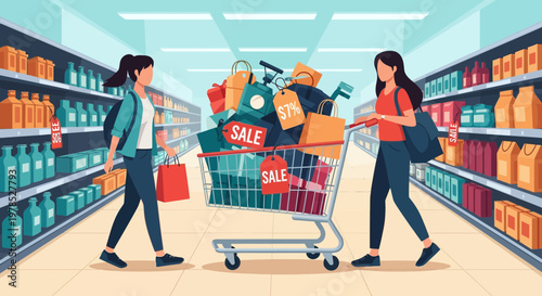 Shopping at a store during a big sale with two women pushing a cart loaded with items in a busy aisle