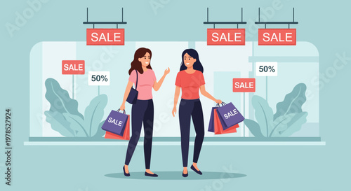 Women shopping together during a sale at a retail store while carrying bags and discussing offers outside the store display