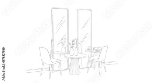 A minimalist sketch depicts two full length mirrors flanking a small table and two chairs