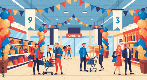 Shoppers explore a store during a sale event with colorful decorations and displays of bags in the aisles
