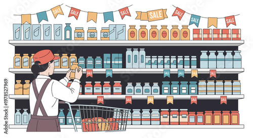 Shopping for groceries at a store during a sale event in a busy market on a weekend afternoon